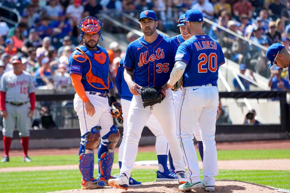 New York Mets pitcher Justin Verlander walks off the pitchers mound after being removed from the game in the sixth inning of a baseball game against the Washington Nationals, Sunday, July 30, 2023, in New York.