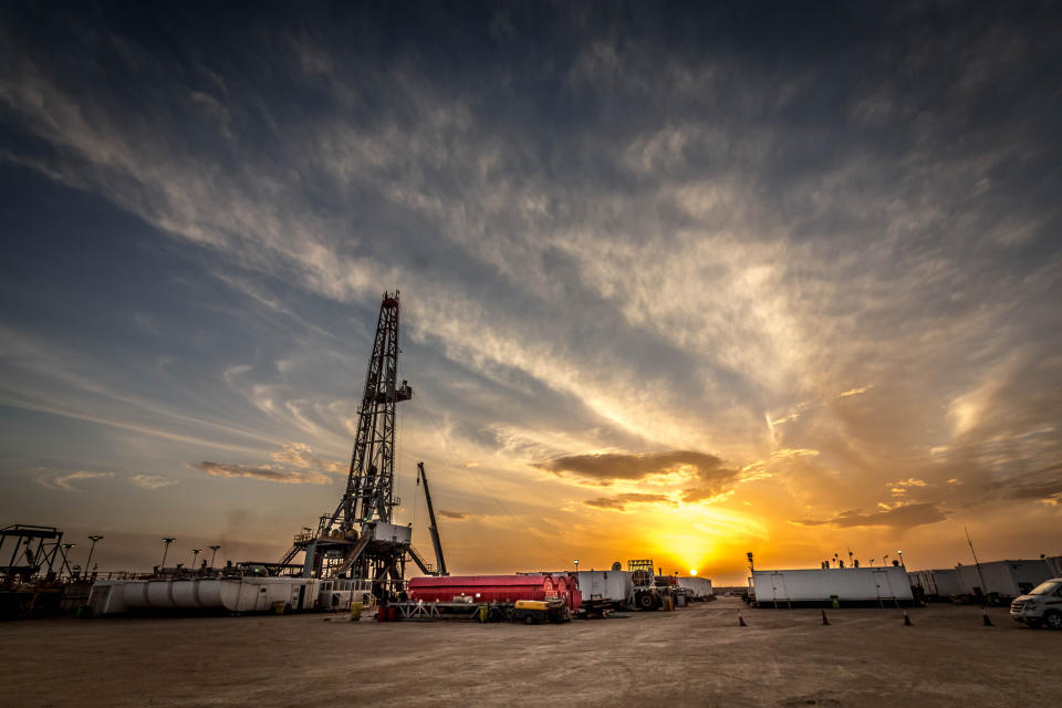 Oil rig at sunset.