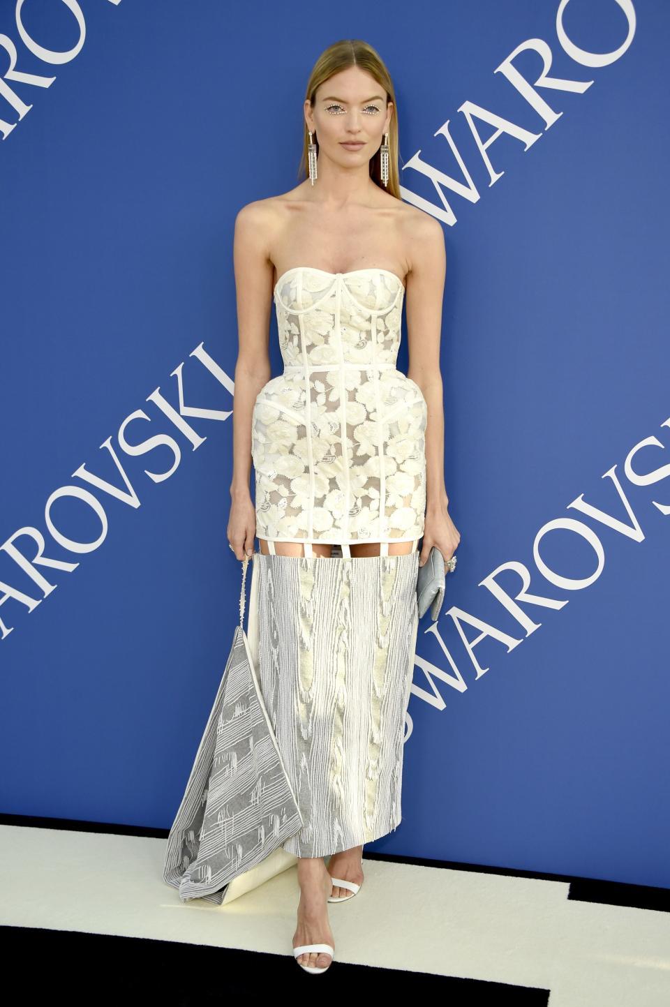 Martha Hunt in Thom Browne and Atelier Swarovski jewelry