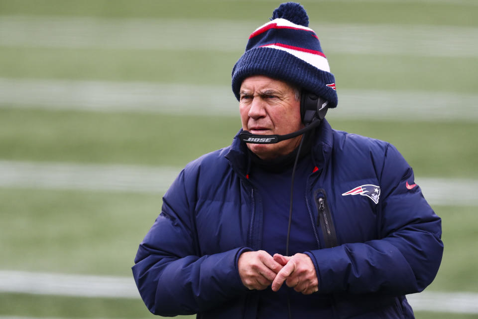 FOXBOROUGH, MA - JANUARY 03:  Head coach Bill Belichick of the New England Patriots looks on during a game against the New York Jets at Gillette Stadium on January 3, 2021 in Foxborough, Massachusetts. (Photo by Adam Glanzman/Getty Images)