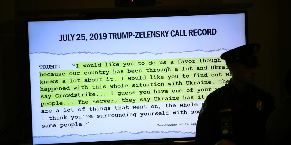 A transcript of a call between U.S. President Donald Trump and Ukrainian President Volodymyr Zelensky is shown.