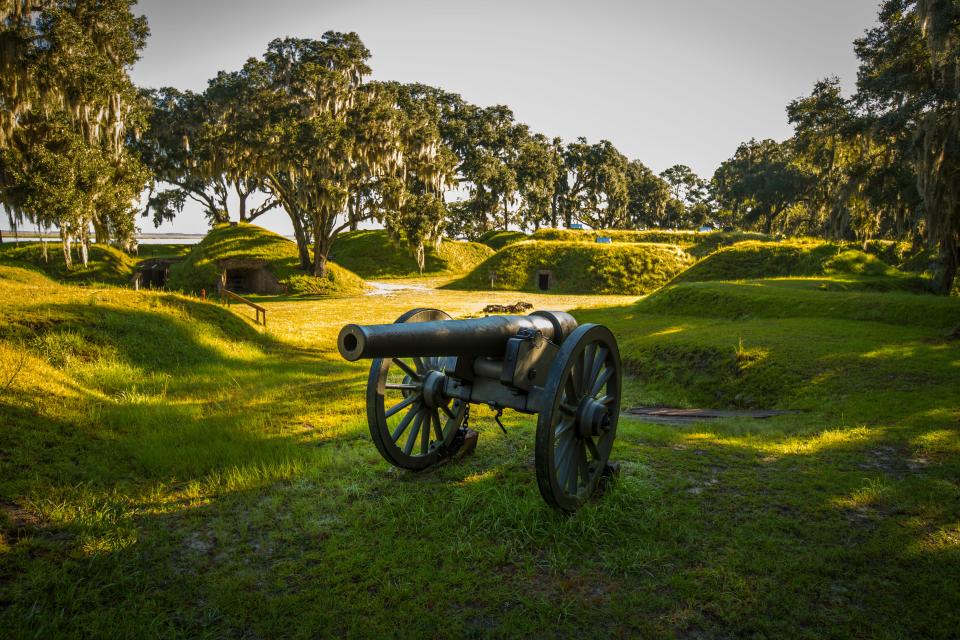 A canon at Fort McAllister Park is photographed.