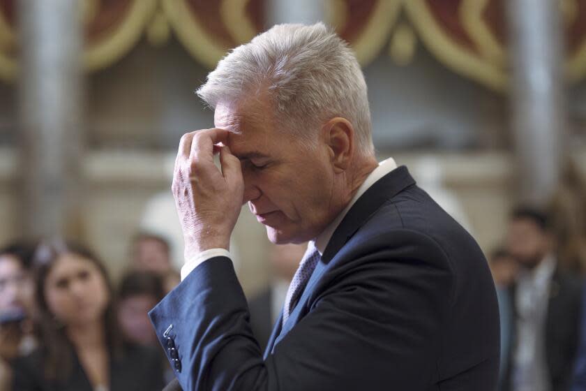 House Speaker Kevin McCarthy, R-Calif., talks to reporters just after voting to advance appropriations bills on the House floor, at the Capitol in Washington, Tuesday night, Sept. 26, 2023. (AP Photo/J. Scott Applewhite)