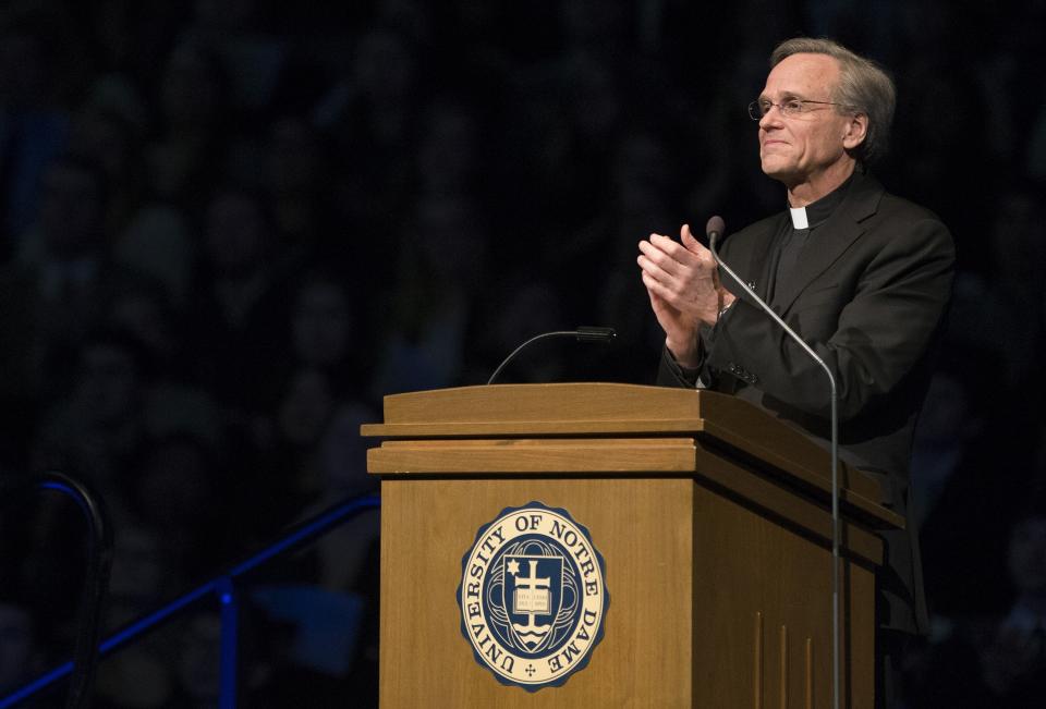 Notre Dame President Rev. John Jenkins speaks, Wednesday, March 4, 2015, in the Purcell Pavilion at the University of Notre Dame in South Bend, Ind. (Photo: South Bend Tribune, Robert Franklin, Pool/AP)