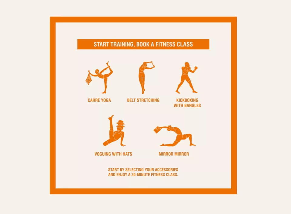 Graphic outlines a few different exercises guests can participate in at Hermès' new pop-up gyms.