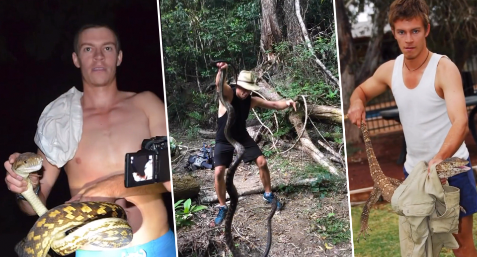 Three images of a young James Boettcher handling snakes and lizards.