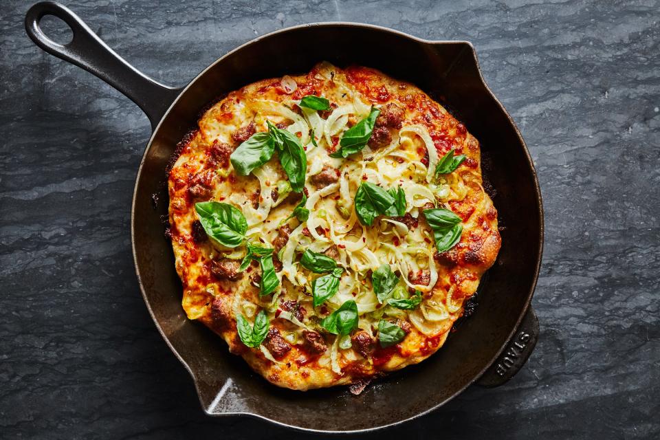 <h1 class="title">Cast-Iron Pizza with Fennel and Sausage</h1><cite class="credit">Photo by Alex Lau, Styling by Claire Saffitz</cite>