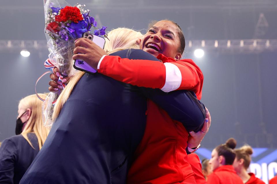 Jordan Chiles hugs coach Cecile Landi following the 2021 U.S. Gymnastics Olympic Trials on June 27, 2021, in St Louis, Missouri.