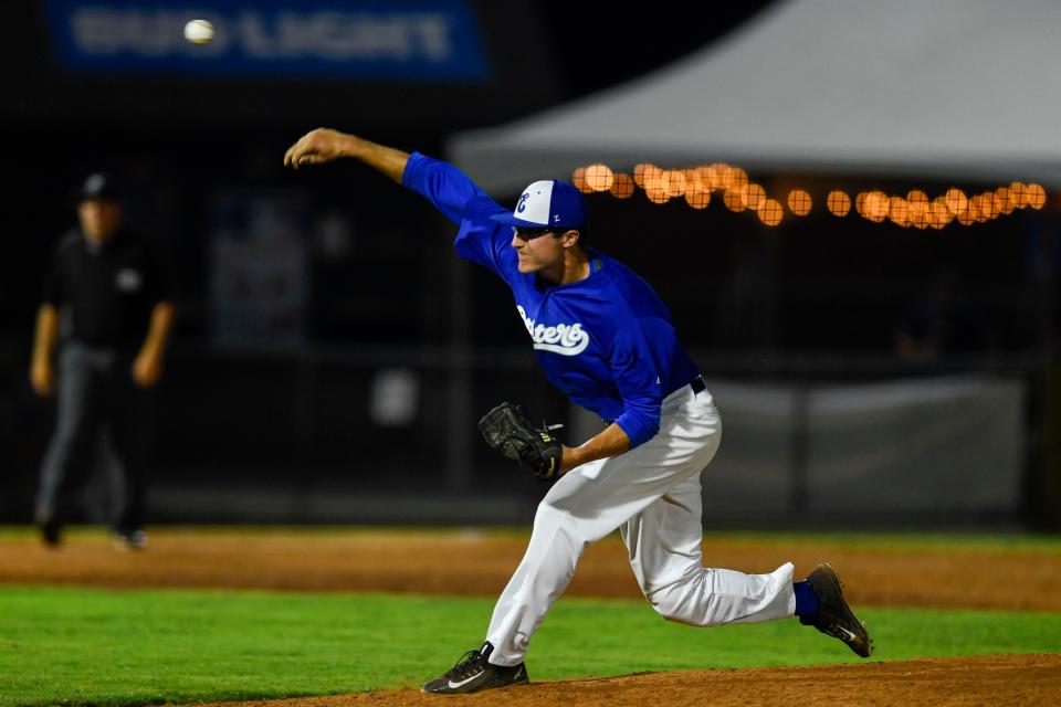 Evansville Otters' Taylor Wright (43) throws a pitch during the eighth inning against the Joliet Slammers at Bosse Field in Evansville, Ind., Tuesday, July 6, 2021. The Otters fell 4-2 to the Slammers. 