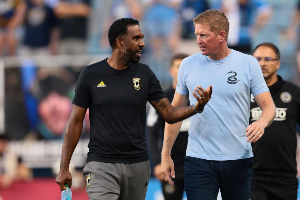 Aug 28, 2024; Philadelphia, Pennsylvania, USA; Columbus Crew head coach Wilfried Nancy greats Philadelphia Union head coach Jim Curtin before the match at Subaru Park. Mandatory Credit: Caean Couto-USA TODAY Sports