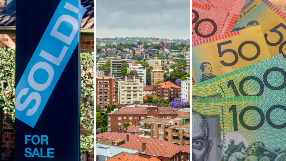 Home loans: A sold sticker on top of a for sale sign. Aerial view of red brick apartments. Australian currency staked on top of each other.