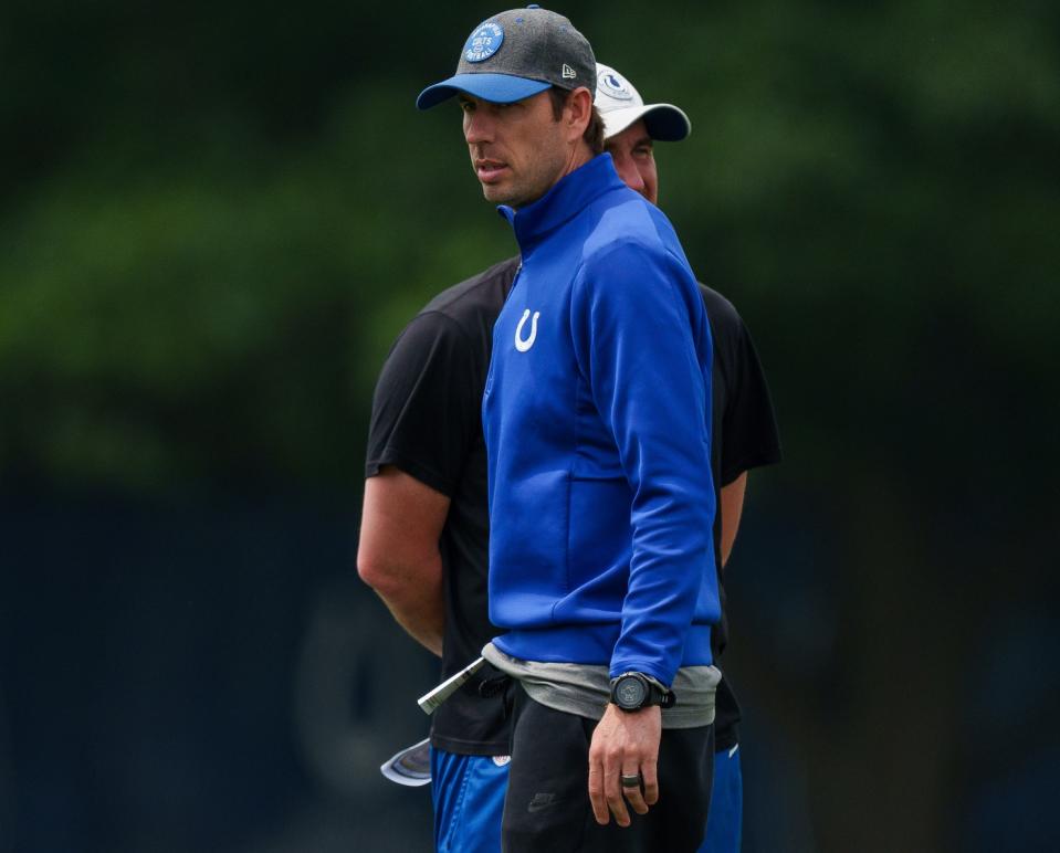 June 14, 2023; Indianapolis, IN, USA; Indianapolis Colts head coach Shane Steichen watches various drills Wednesday, June 14, 2023, during mandatory minicamp at the Indiana Farm Bureau Football Center in Indianapolis. Mandatory Credit: Mykal McEldowney-USA TODAY Sports