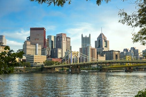 Pittsburgh skyline close up image with 'Rachel Carson bridge', several skyscrapers and Allegheny river waterfront in Pennsylvania, USA