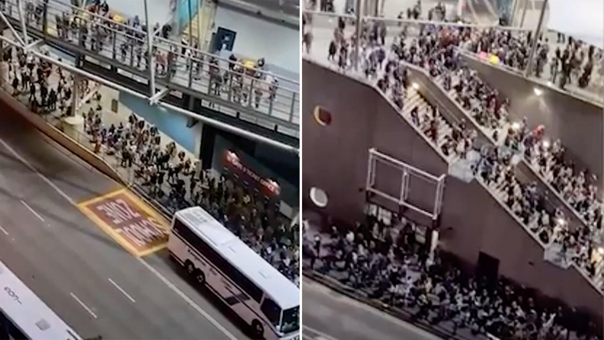 Seen here, the large cluster of fans captured exiting the Gabba on Sunday evening.