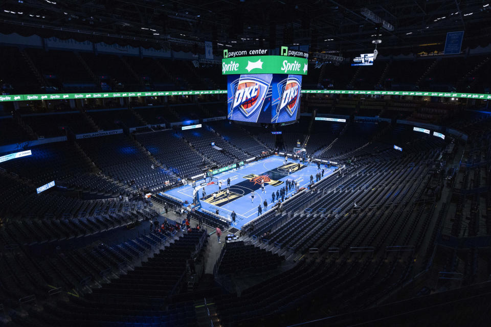 Nov 3, 2023; Oklahoma City, Oklahoma, USA; A view of the tournament court before the game between the Golden State Warriors and Oklahoma City Thunder at Paycom Center. Mandatory Credit: Alonzo Adams-USA TODAY Sports