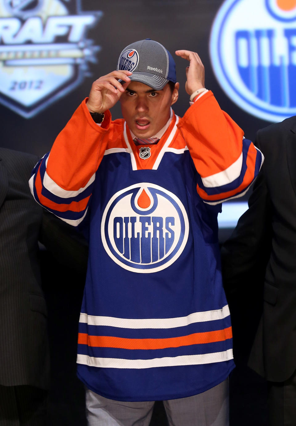 PITTSBURGH, PA - JUNE 22: Neil Yakupov, first overall pick by the Edmonton Oilers, poses onstage during Round One of the 2012 NHL Entry Draft at Consol Energy Center on June 22, 2012 in Pittsburgh, Pennsylvania. (Photo by Bruce Bennett/Getty Images)