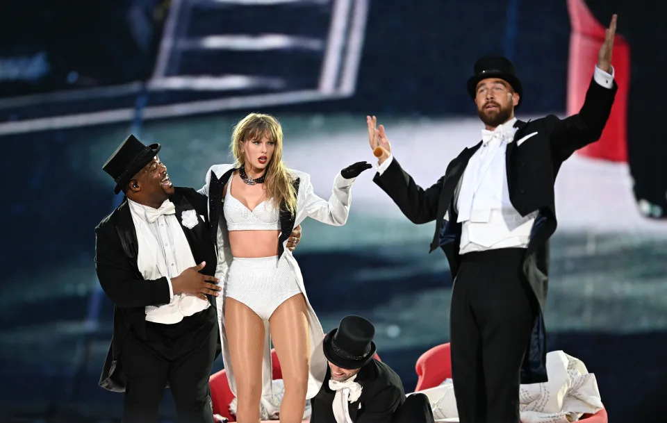 Taylor Swift is joined on stage by Travis Kelce during The Eras Tour at Wembley Stadium