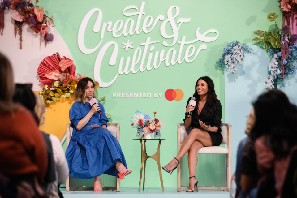 SAN FRANCISCO, CALIFORNIA - SEPTEMBER 21: Jaclyn Johnson, CEO & Founder of Create & Cultivate (L) and Jenna Dewan (R) speak onstage the Create & Cultivate Conference at SVN West on September 21, 2019 in San Francisco, California. (Photo by Kelly Sullivan/Getty Images)