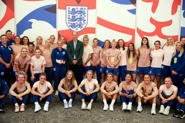 <p>Phil Noble - WPA Pool/Getty Images</p> Prince William visited the England Women's team at training camp before the World Cup in June 2023.