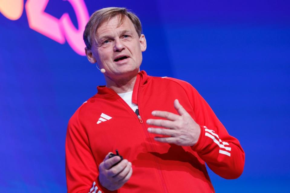 11 May 2023, Bavaria, Fürth: Björn Gulden, CEO of sporting goods manufacturer adidas AG, speaks during the company's annual general meeting. Photo: Daniel Karmann/dpa (Photo by Daniel Karmann/picture alliance via Getty Images)