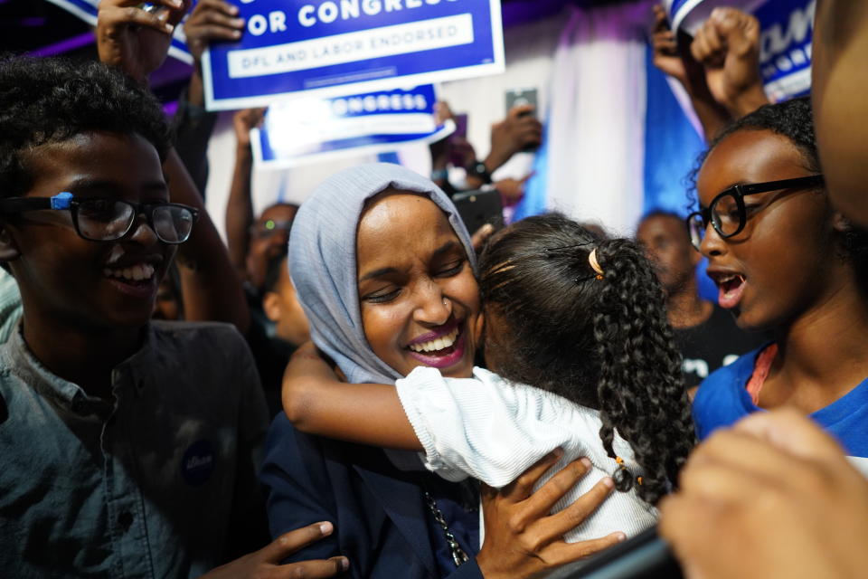 Minnesota Rep. Ilhan Omar celebrates with her children after her Congressional Fifth District primary victory Tuesday. (Photo: Mark Vancleave/Star Tribune via AP)