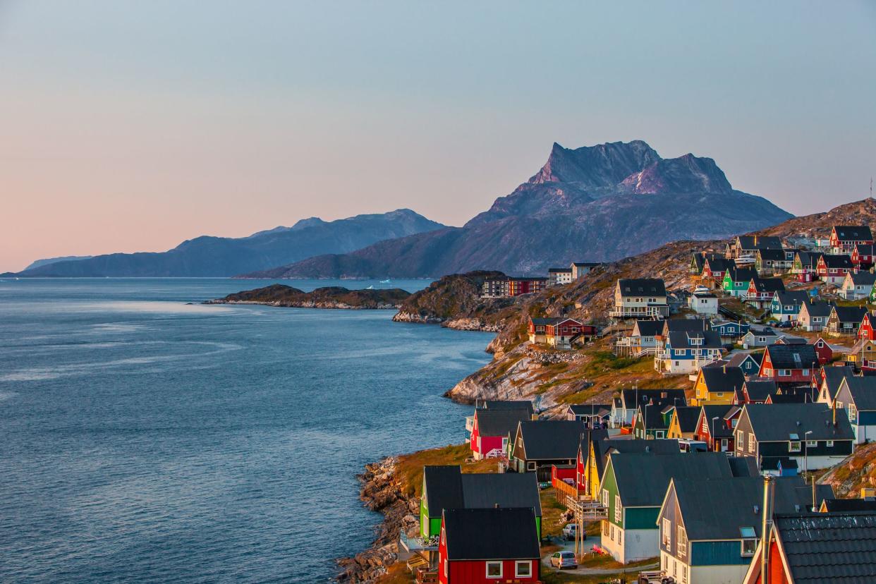 Colorful houses at sunset in Nuuk, the capital of Greenland.