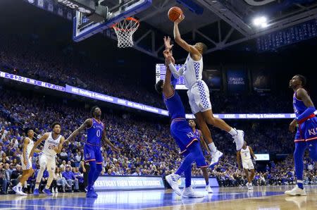 Jan 26, 2019; Lexington, KY, USA; Kentucky Wildcats forward PJ Washington (25) shoots the ball against the Kansas Jayhawks in the second half at Rupp Arena. Kentucky defeated Kansas 71-63. Mandatory Credit: Mark Zerof-USA TODAY Sports