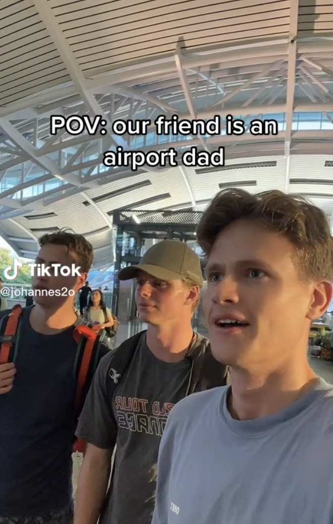 Screenshot of the three friends with caption "POV: our friend is an airport dad"