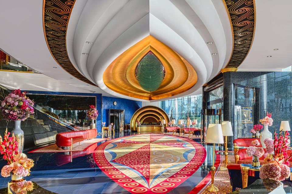 Inside a vibrant and luxurious hotel lobby