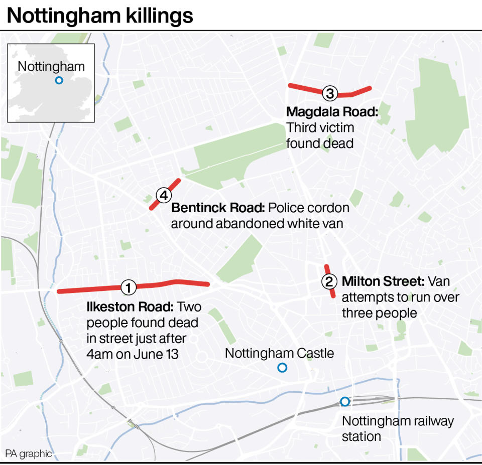 Nottingham killings. See story POLICE Nottingham. Infographic PA Graphics. An editable version of this graphic is available if required.  Please contact graphics@pamediagroup.com.