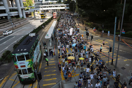 Demonstrators march in protest of the jailing of student leaders Joshua Wong, Nathan Law and Alex Chow, who were imprisoned for their participation of the 2014 pro-democracy Umbrella Movement, also known as "Occupy Central" protests, in Hong Kong China August 20, 2017. REUTERS/Tyrone Siu