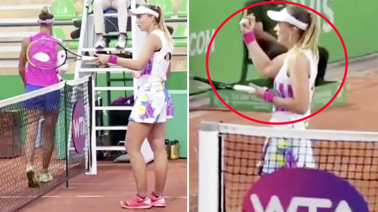 Paula Badosa se quedó atónita cuando Polona Hercog se negó a chocar las raquetas. Imagen: Amazon Prime