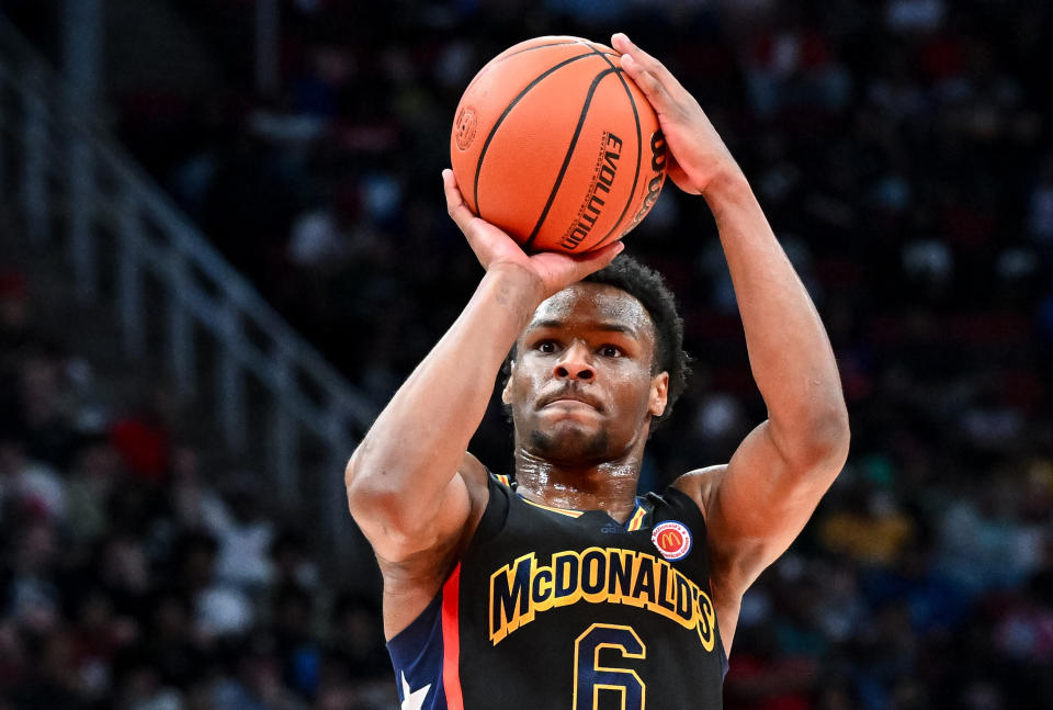 West Team guard Bronny James shoots the ball during the first half of the McDonald&#39;s All-American Game at Toyota Center in Houston on March 28, 2023. (Maria Lysaker/USA TODAY Sports)