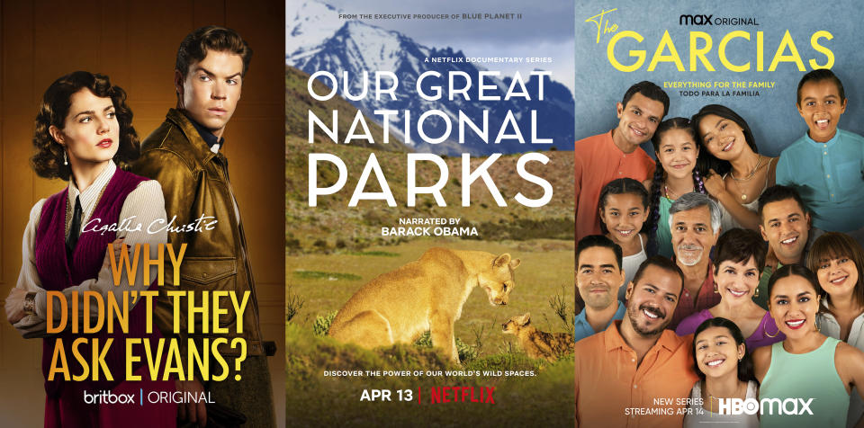 En esta combinación de imágenes, el arte promocional de "Why Didn't They Ask Evans?", que se estrena el 12 de abril en BritBox; "Our Great National Parks", una serie de cinco episodios que debuta el 13 de abril en Netflix; y "The Garcias", que se estrena el 14 de abril en HBO Max. (BritBox/Netflix/HBO Max vía AP)