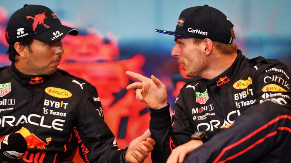 Max Verstappen pointing at Sergio Perez as he explains something. Monaco May 2022 Credit: Alamy