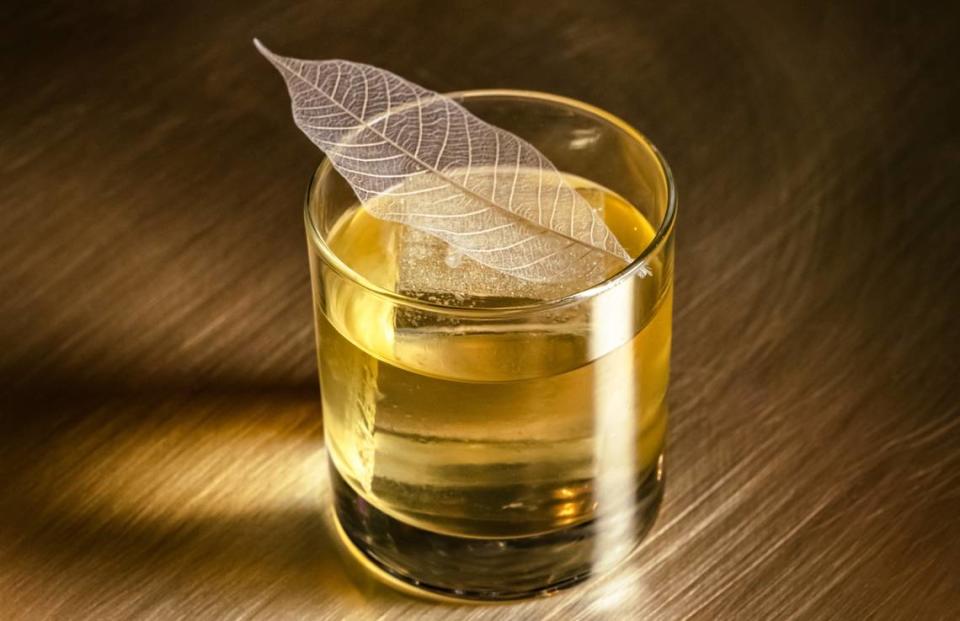 Employees Only’s Last Leaf is Patron Anejo Tequilla mixed with with clarified coconut milk, pumpkin, caramel and spiced pear, served over a large ice cube.