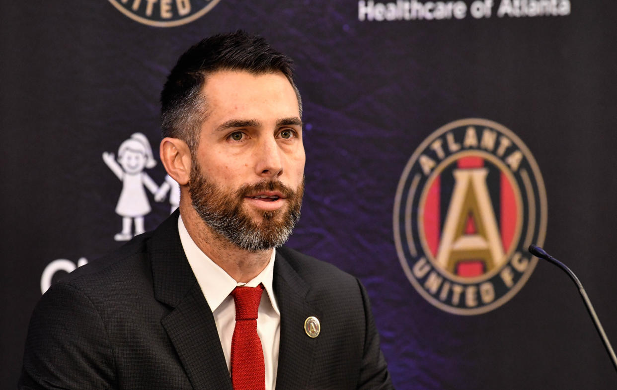 Jan 14, 2019; Marietta, GA, USA; Atlanta United technical manager Carlos Bocanegra introduces new head coach Frank de Boerduring (not shown) during a press conference at Childrens Healthcare of Atlanta Training Ground. Mandatory Credit: Dale Zanine-USA TODAY Sports