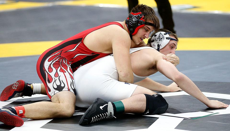 Plymouth's Colton Sparks wrestles Rootstown's Lane McKenzie during their 190 lbs. match at the OHSAA State Wrestling Championships Friday, March 10, 2023 at the Jerome Schottenstein Center. TOM E. PUSKAR/ASHLAND TIMES-GAZETTE