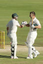 Shaun Marsh (R) of Australia celebrates reaching 100 runs during day one of the First Test match between South Africa and Australia on February 12, 2014 in Centurion, South Africa. (Photo by Morne de Klerk/Getty Images)