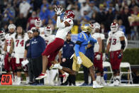 Fresno State wide receiver Ty Jones (8) makes a catch next to UCLA defensive back Cameron Johnson (3) during the first half of an NCAA college football game Saturday, Sept. 18, 2021, in Pasadena, Calif. (AP Photo/Marcio Jose Sanchez)