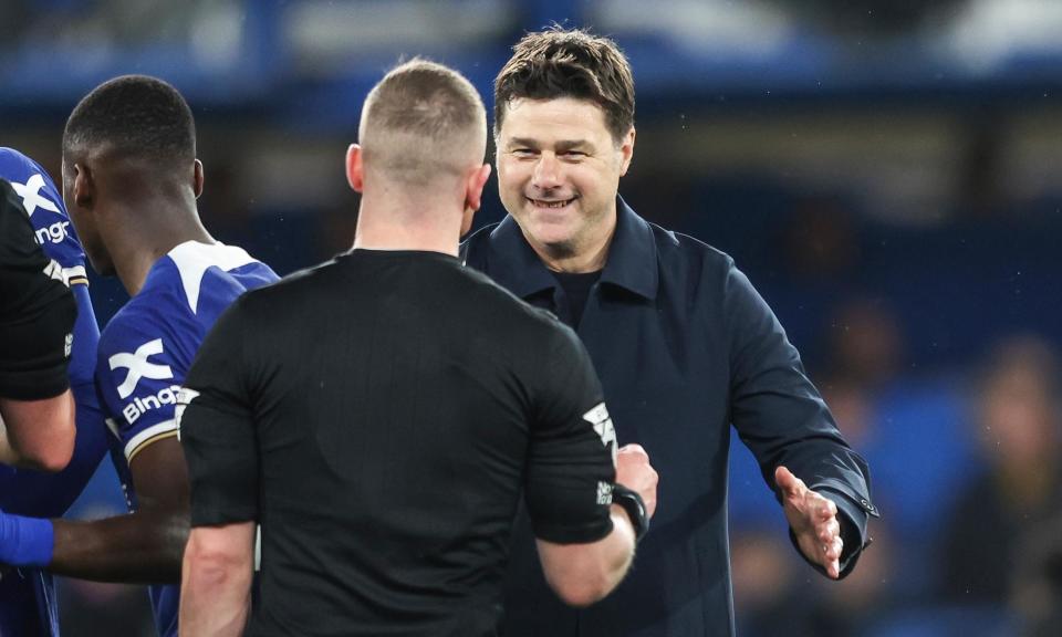 <span>Mauricio Pochettino is all smiles after beating Tottenham but he is angry his future appears uncertain at Chelsea.</span><span>Photograph: Robin Jones/Getty Images</span>