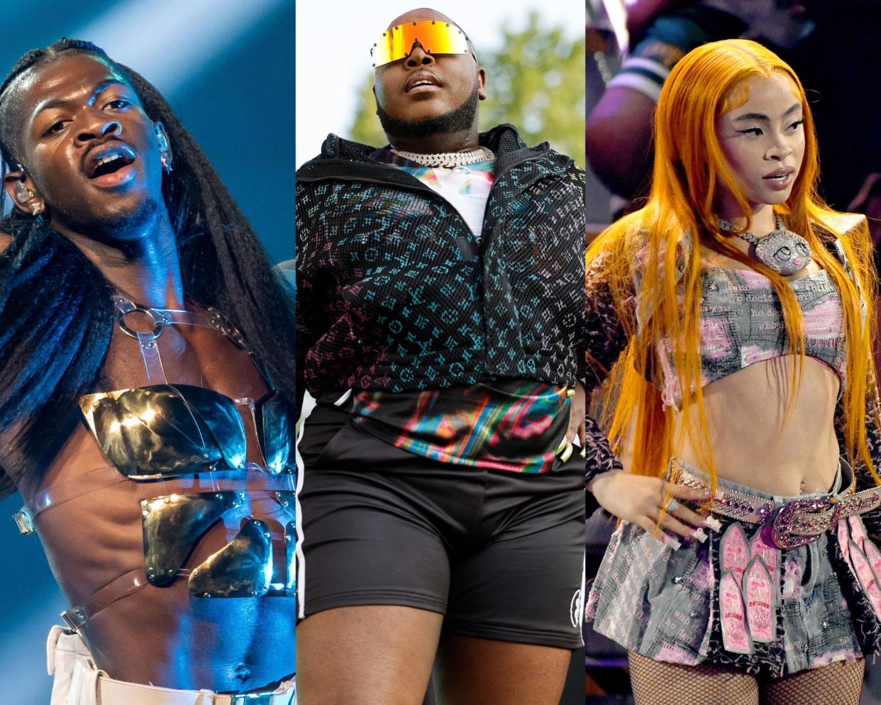 LGBTQ artists such as Lil Nas X, from left, Saucy Santana and Ice Spice are diversifying hip-hop with their queer self-expression.