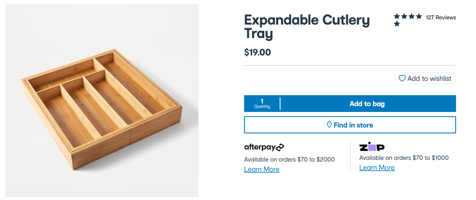 Bamboo Kmart expandable cutlery tray $19 next to its online pricing