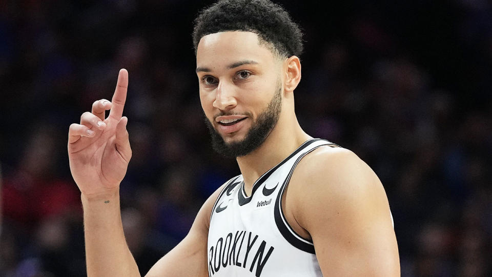Ben Simmons smiles during Brooklyn&#39;s NBA game against the Philadelphia 76ers.