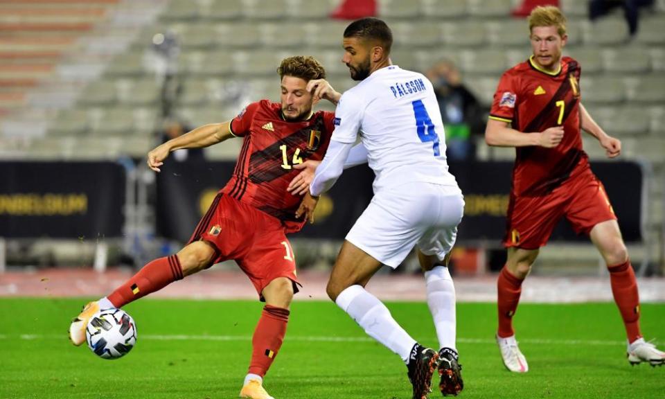 Dries Mertens scores for Belgium in their 5-1 thrashing of Iceland on Tuesday. They top England’s Nations League group and visit Wembley on 11 October.