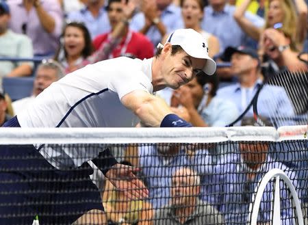 Sept 7, 2016; New York, NY, USA; Andy Murray of Great Britain reacts to being broken in the 5th set while playing Kei Nishikori of Japan on day ten of the 2016 U.S. Open tennis tournament at USTA Billie Jean King National Tennis Center. Robert Deutsch-USA TODAY Sports