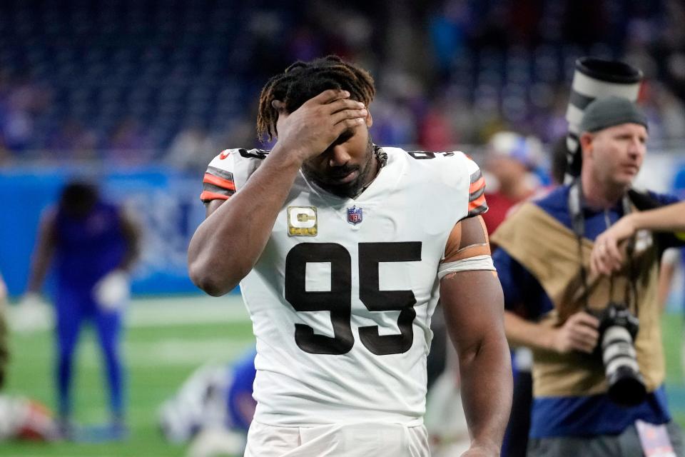 Cleveland Browns defensive end Myles Garrett (95) walks off the field after an NFL football game against the Buffalo Bills, Sunday, Nov. 20, 2022, in Detroit. (AP Photo/Paul Sancya)