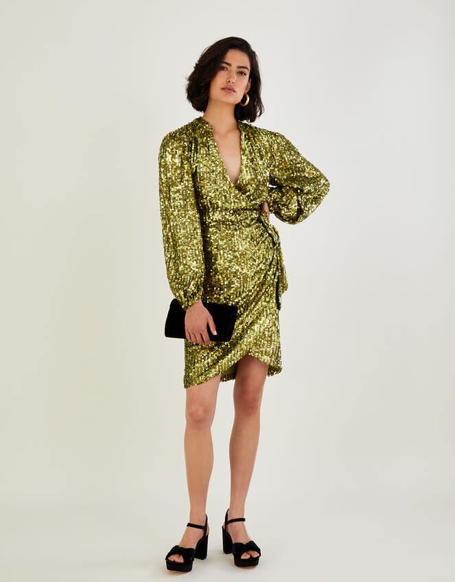 Jessica sequin wrap dress in recycled polyester gold (Monsoon)