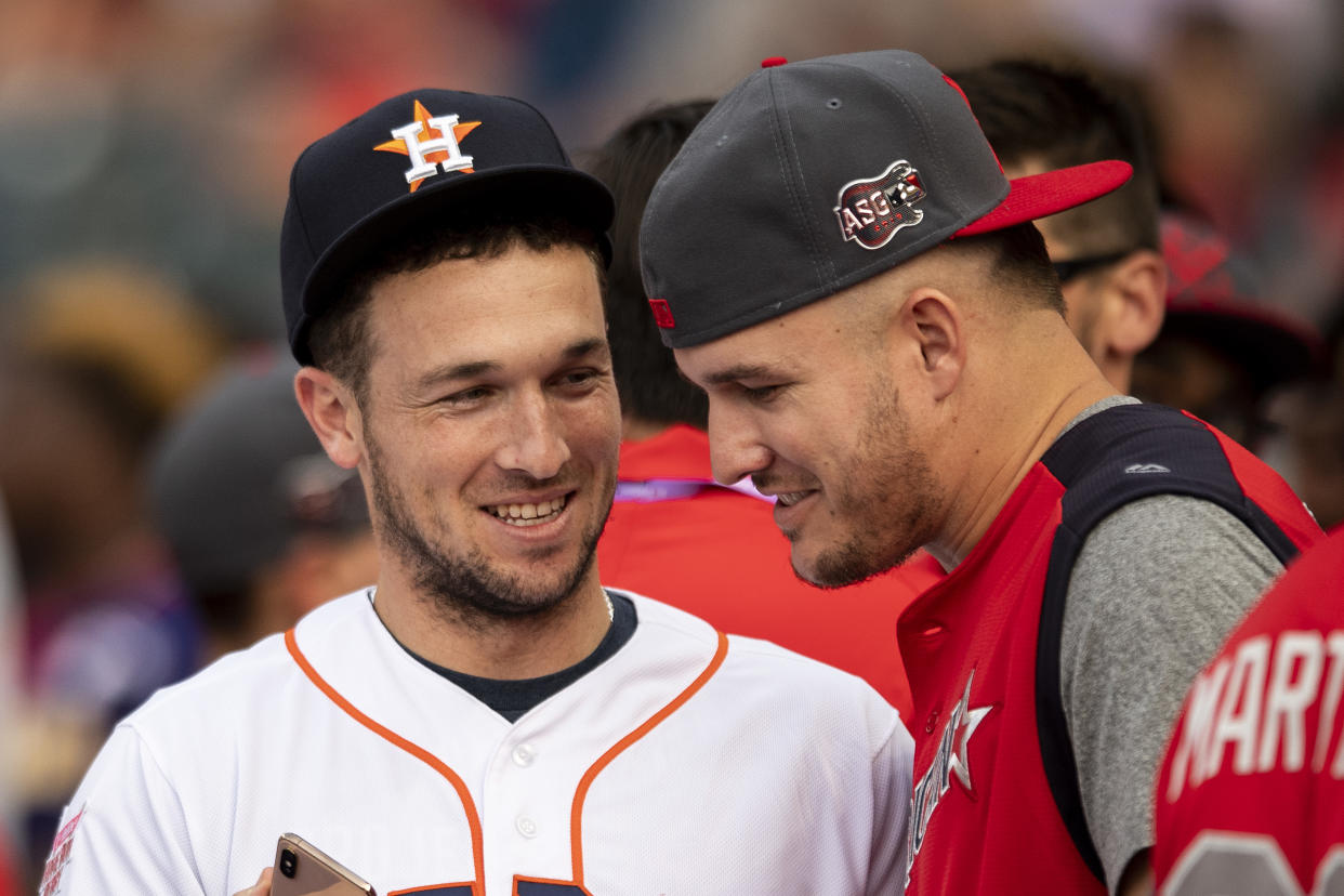 Alex Bregman and Mike Trout are two of the finalists for AL MVP. (Photo by Billie Weiss/Boston Red Sox/Getty Images)