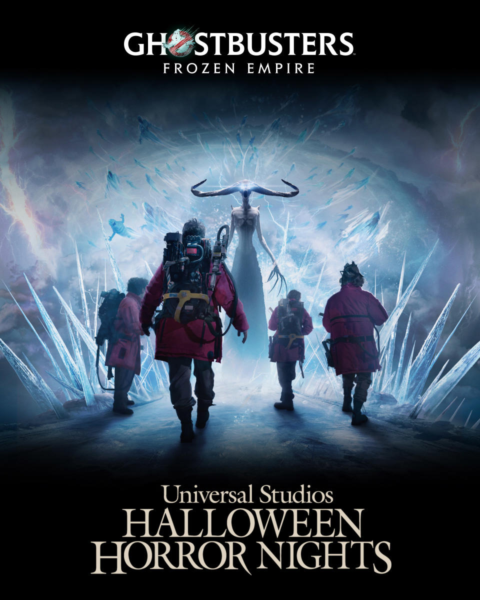 Promotional poster for "Ghostbusters: Frozen Empire" at Universal Studios Halloween Horror Nights, showing ghostbusters walking towards a ghostly figure amidst icy shards